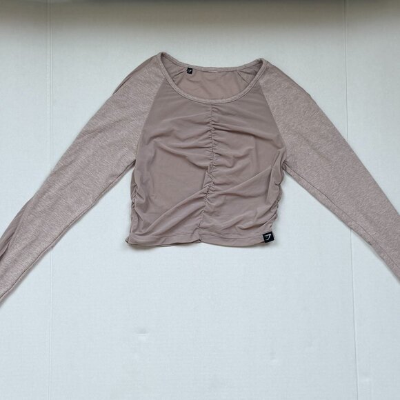 Gymshark Ruched Mesh Long Sleeve Crop Top – Taupe/Mauve Seamless - Picture 1 of 4